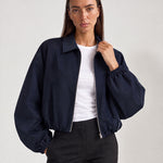 Navy Cropped Jacket Oversized Bomber Jacket with Balloon Sleeves and Zip Front
