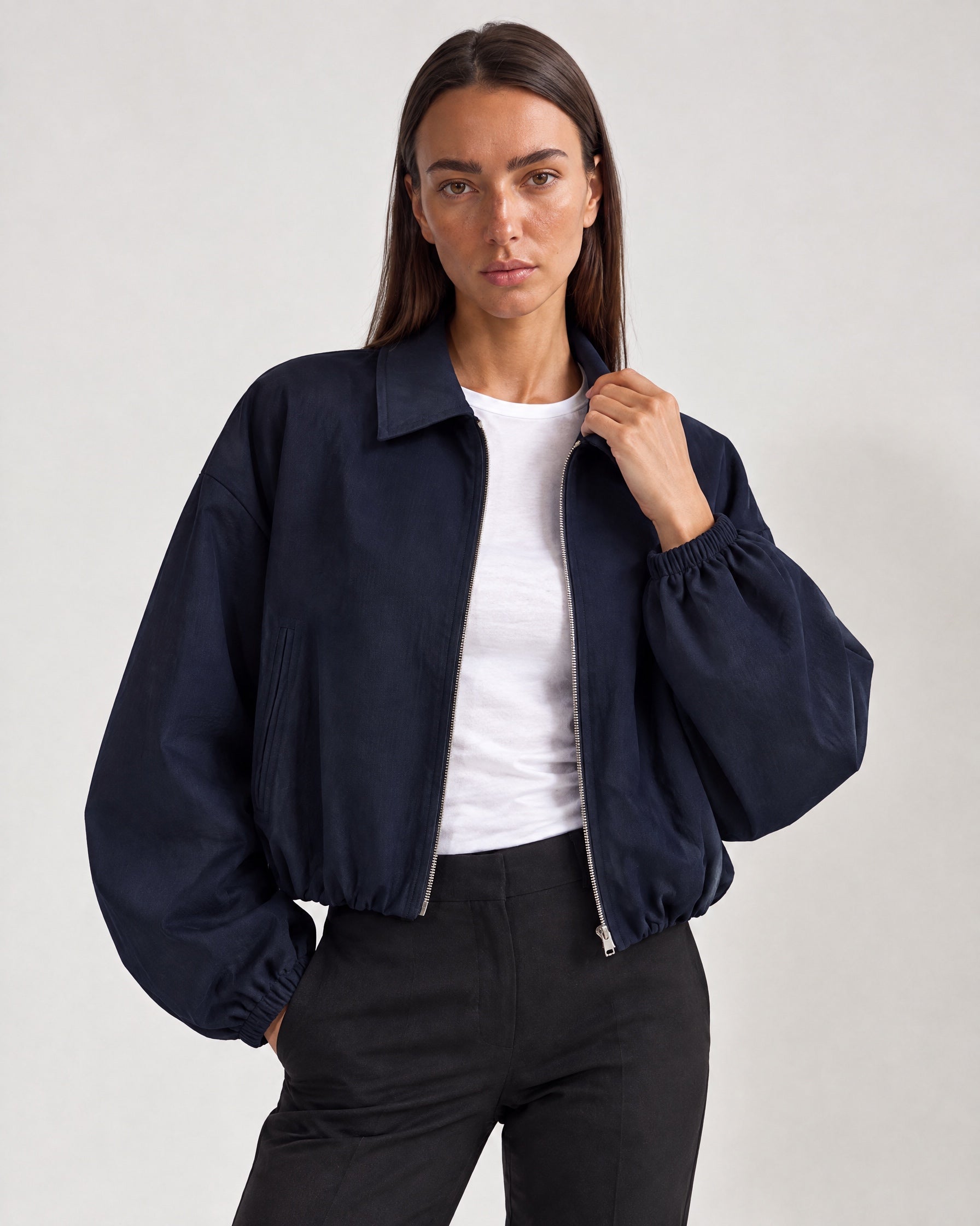 Navy Cropped Jacket Oversized Bomber Jacket with Balloon Sleeves and Zip Front