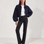 Navy Cropped Jacket Oversized Bomber Jacket with Balloon Sleeves and Zip Front