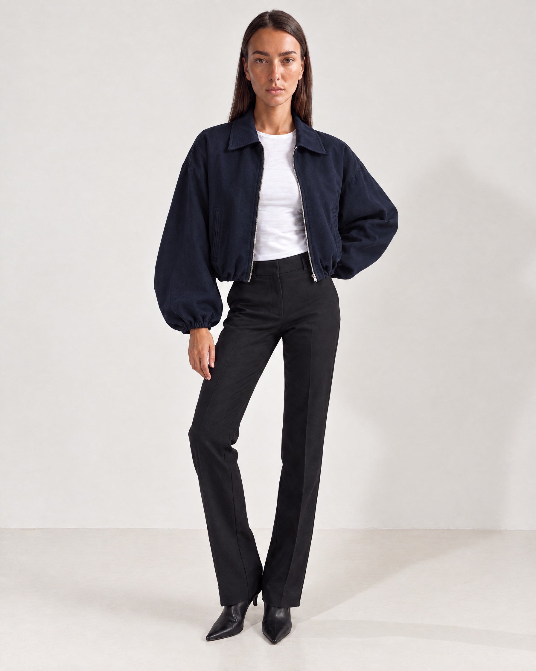 Navy Cropped Jacket Oversized Bomber Jacket with Balloon Sleeves and Zip Front