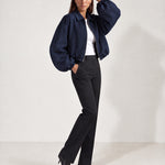 Navy Cropped Jacket Oversized Bomber Jacket with Balloon Sleeves and Zip Front