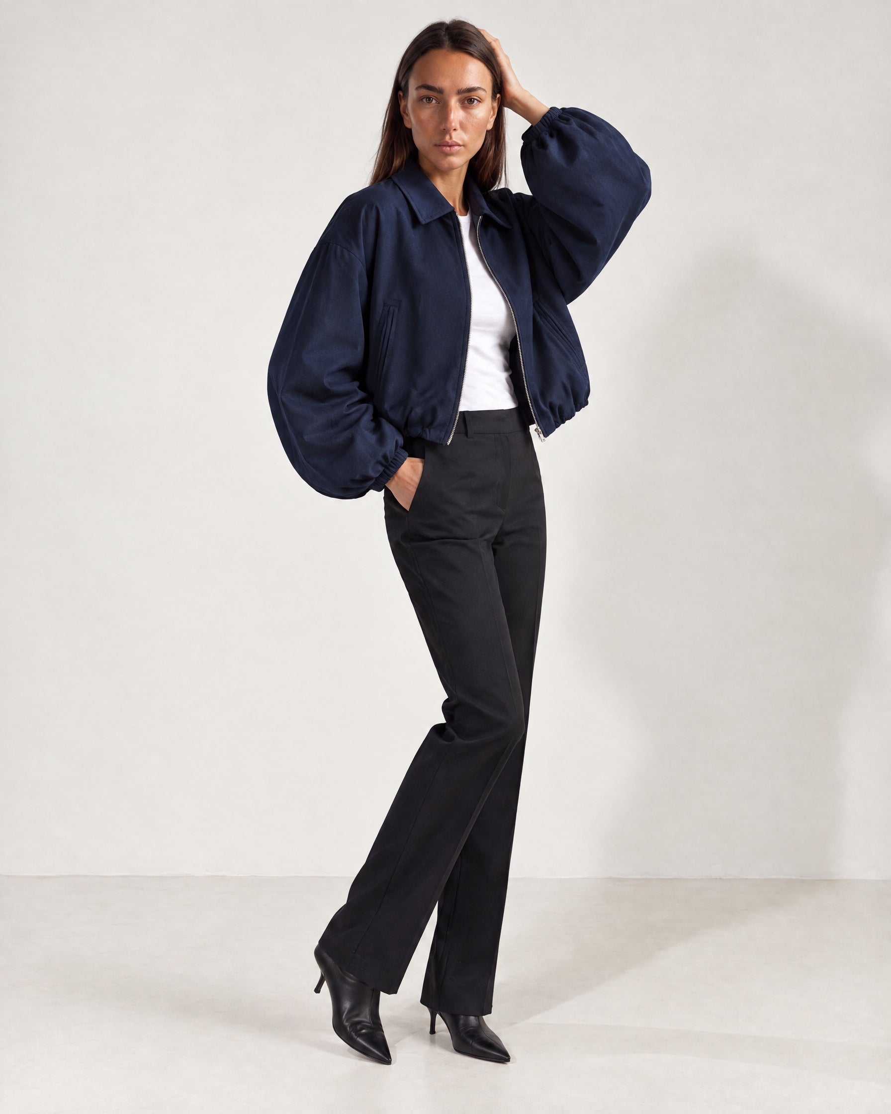 Navy Cropped Jacket Oversized Bomber Jacket with Balloon Sleeves and Zip Front