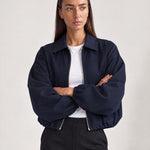 Navy Cropped Jacket Oversized Bomber Jacket with Balloon Sleeves and Zip Front