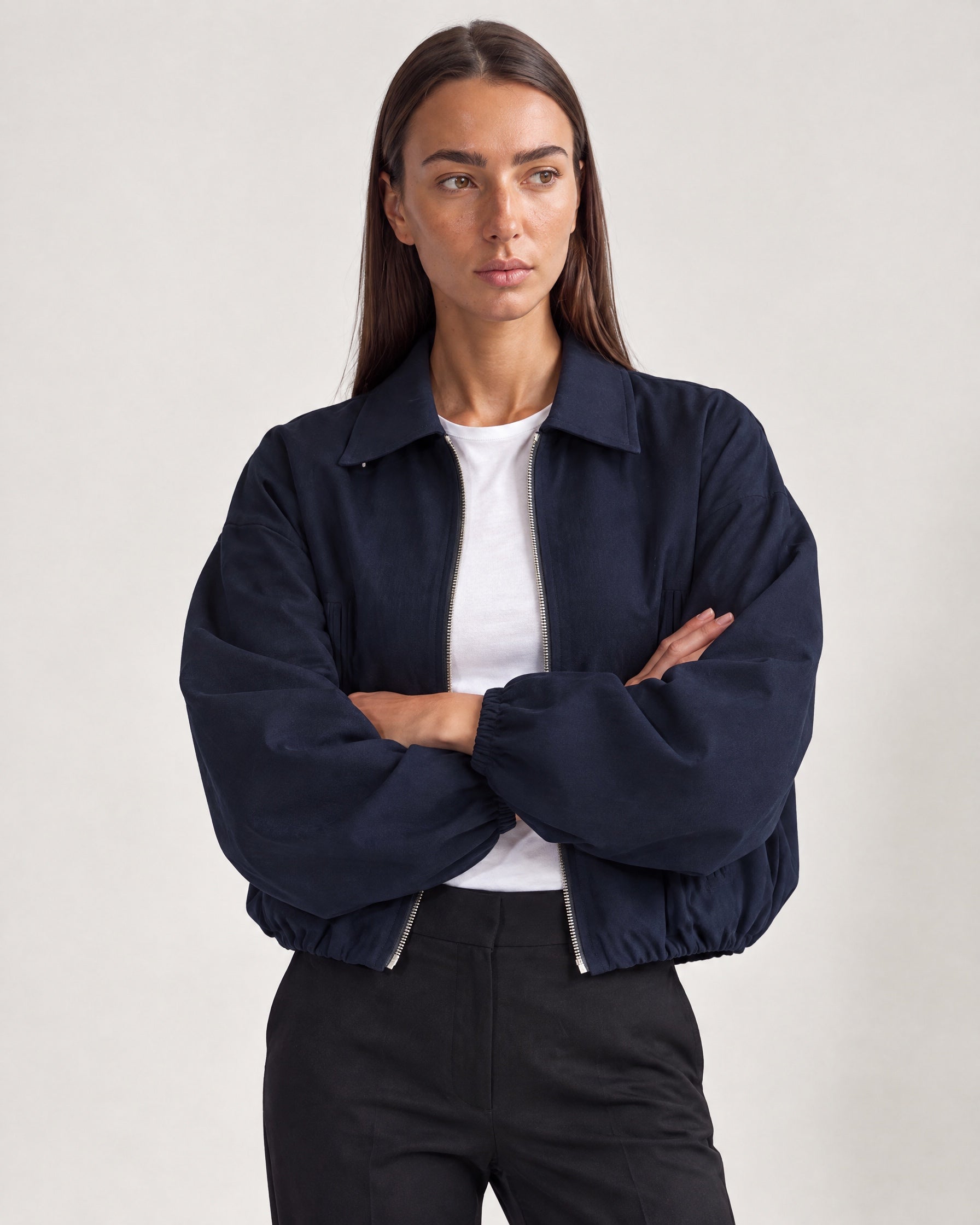 Navy Cropped Jacket Oversized Bomber Jacket with Balloon Sleeves and Zip Front
