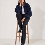 Navy Cropped Jacket Oversized Bomber Jacket with Balloon Sleeves and Zip Front