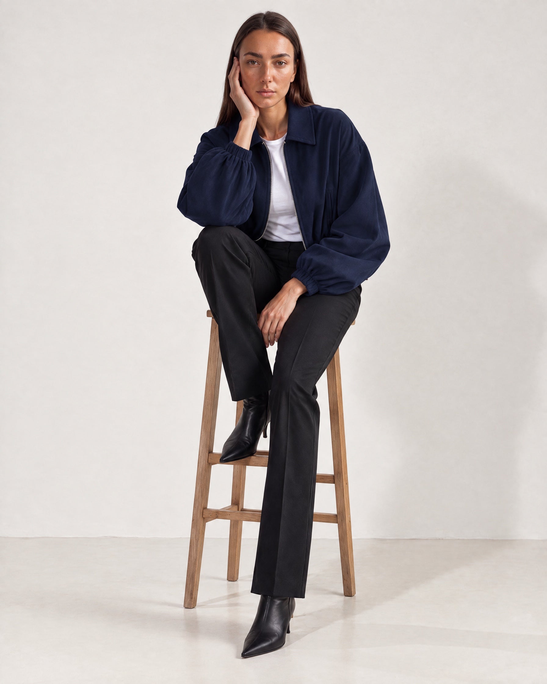 Navy Cropped Jacket Oversized Bomber Jacket with Balloon Sleeves and Zip Front