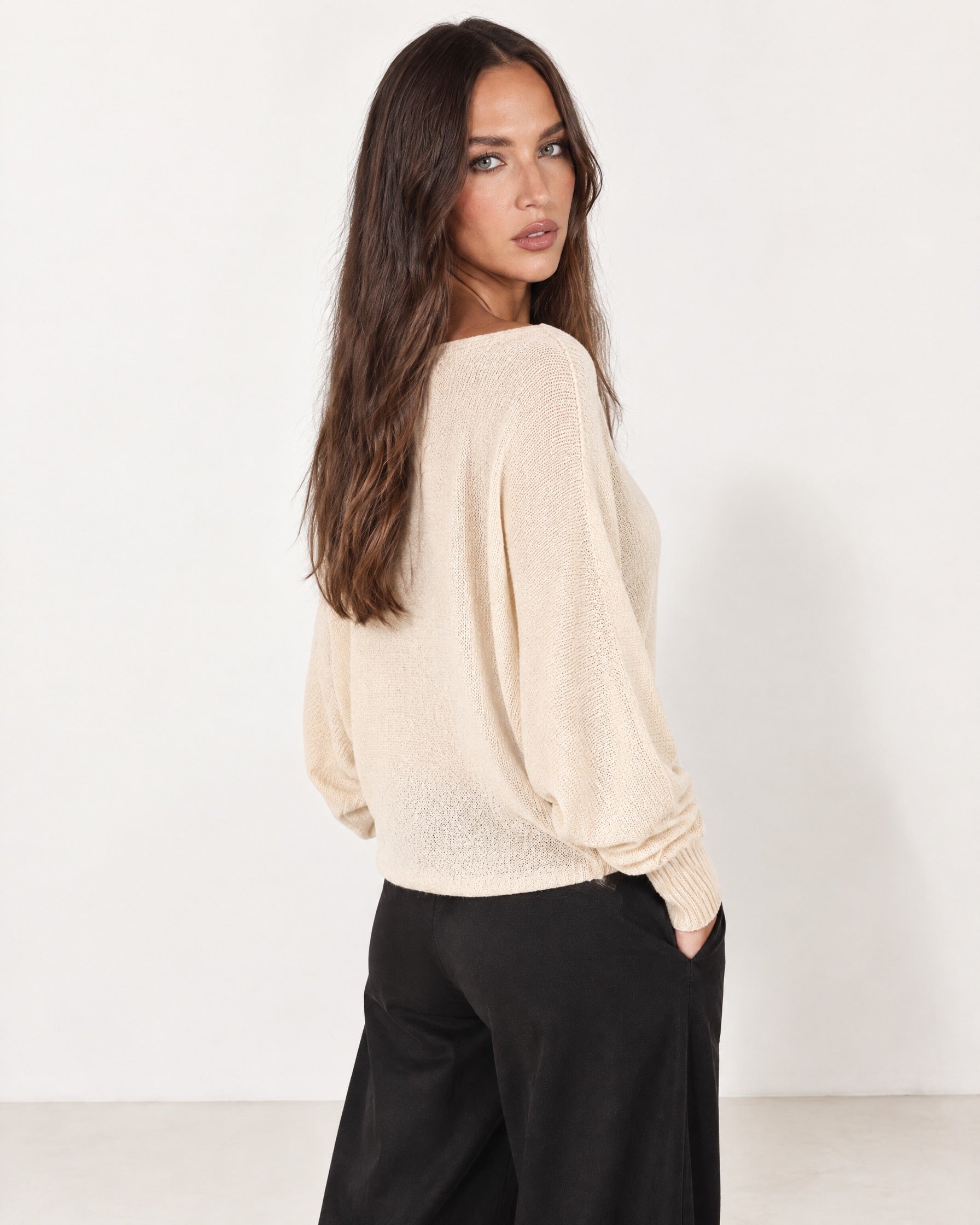 Beige Batwing Jumper Lightweight Knit Boat Neck