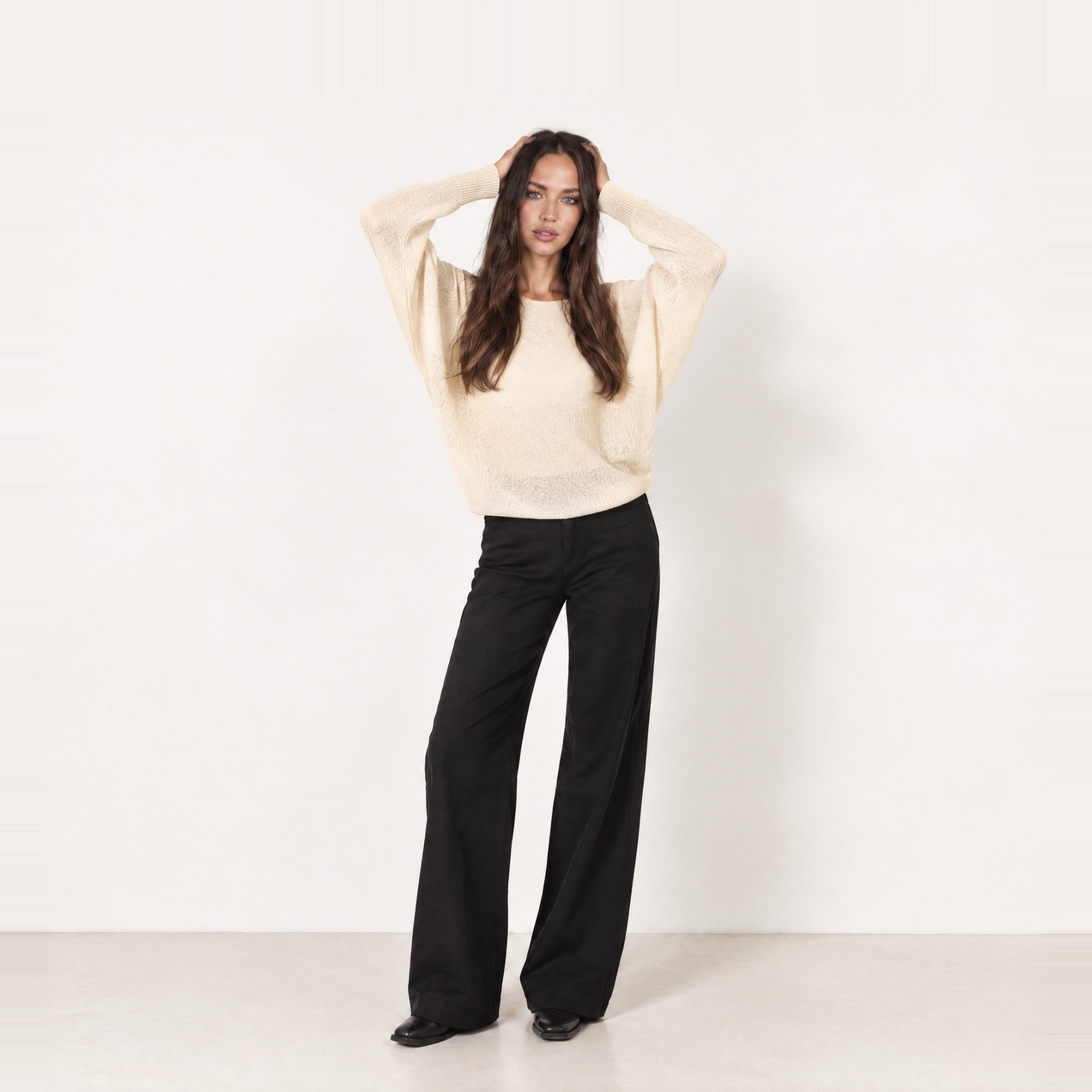Beige Batwing Jumper Lightweight Knit Boat Neck