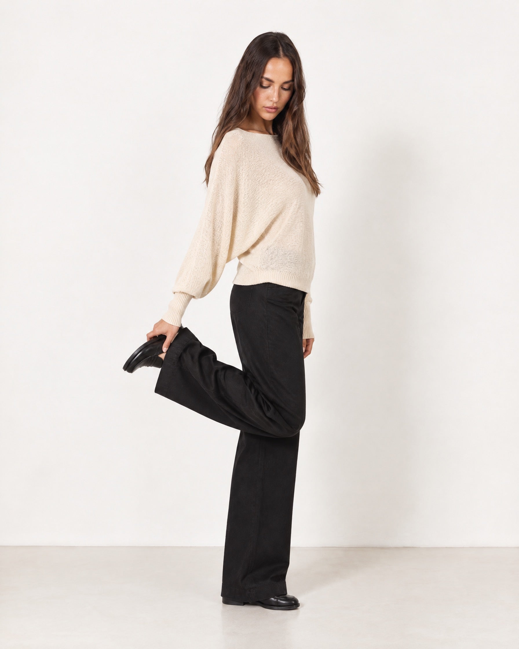 Beige Batwing Jumper Lightweight Knit Boat Neck