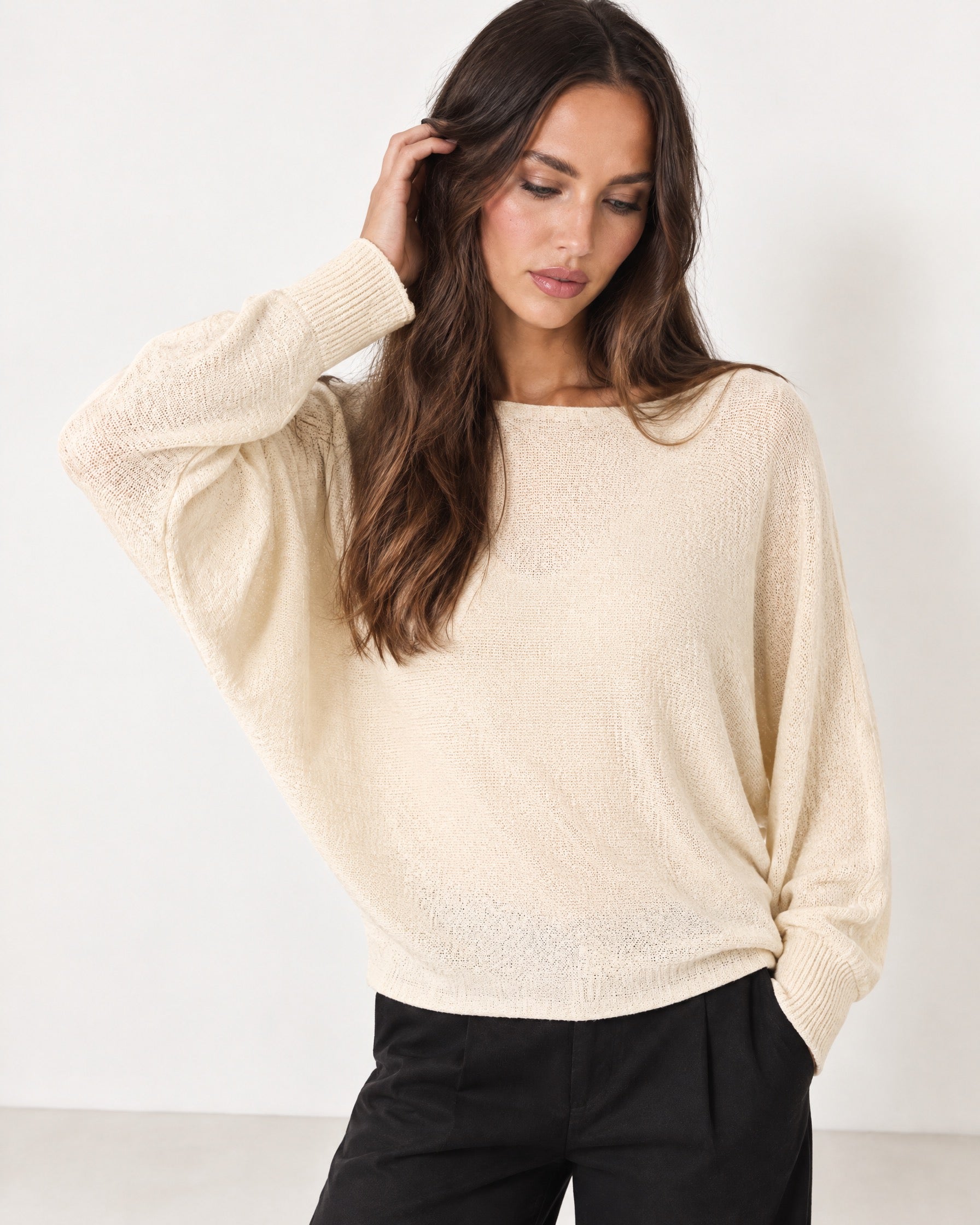 Beige Batwing Jumper Lightweight Knit Boat Neck