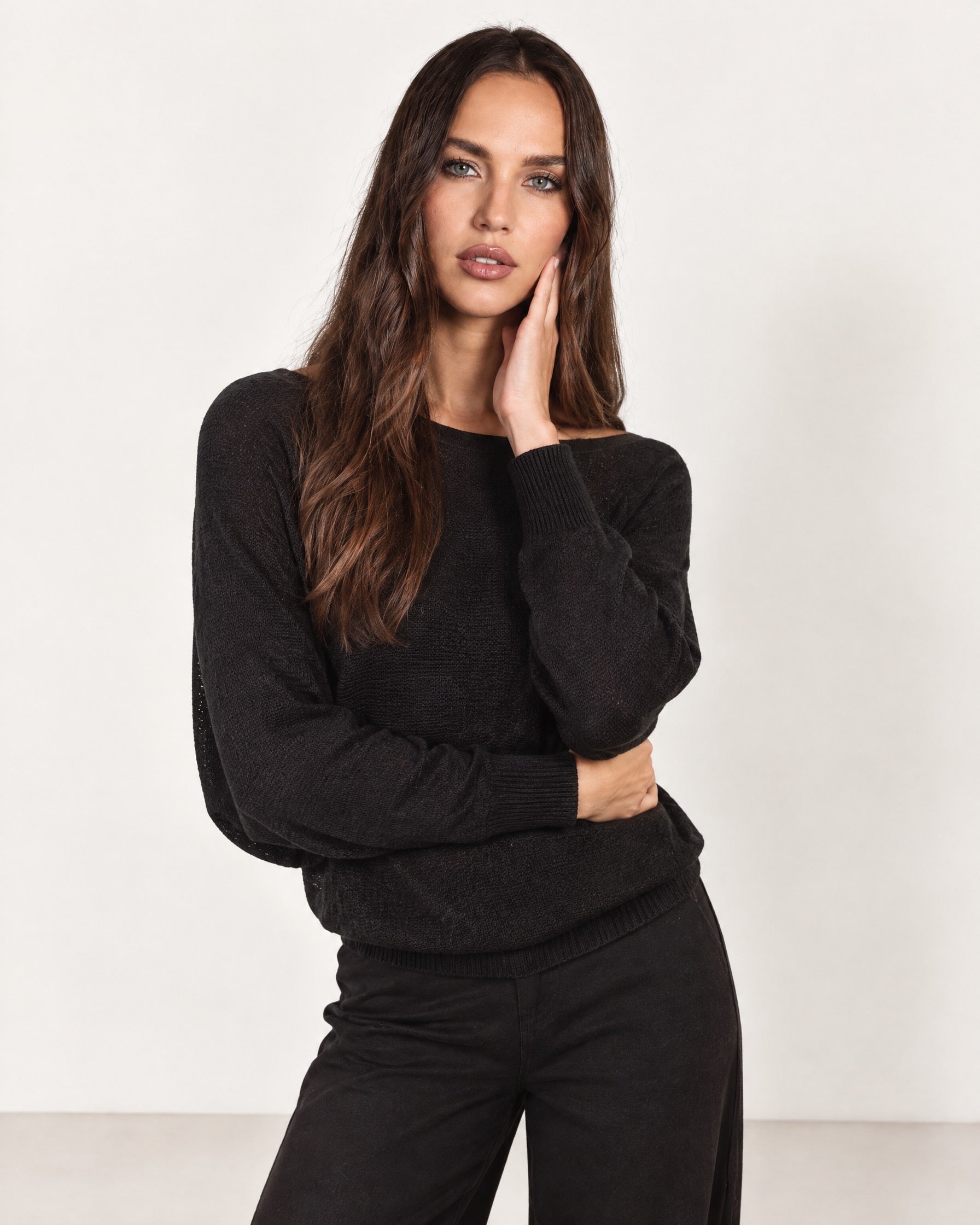 Black Batwing Jumper Lightweight Knit Boat Neck