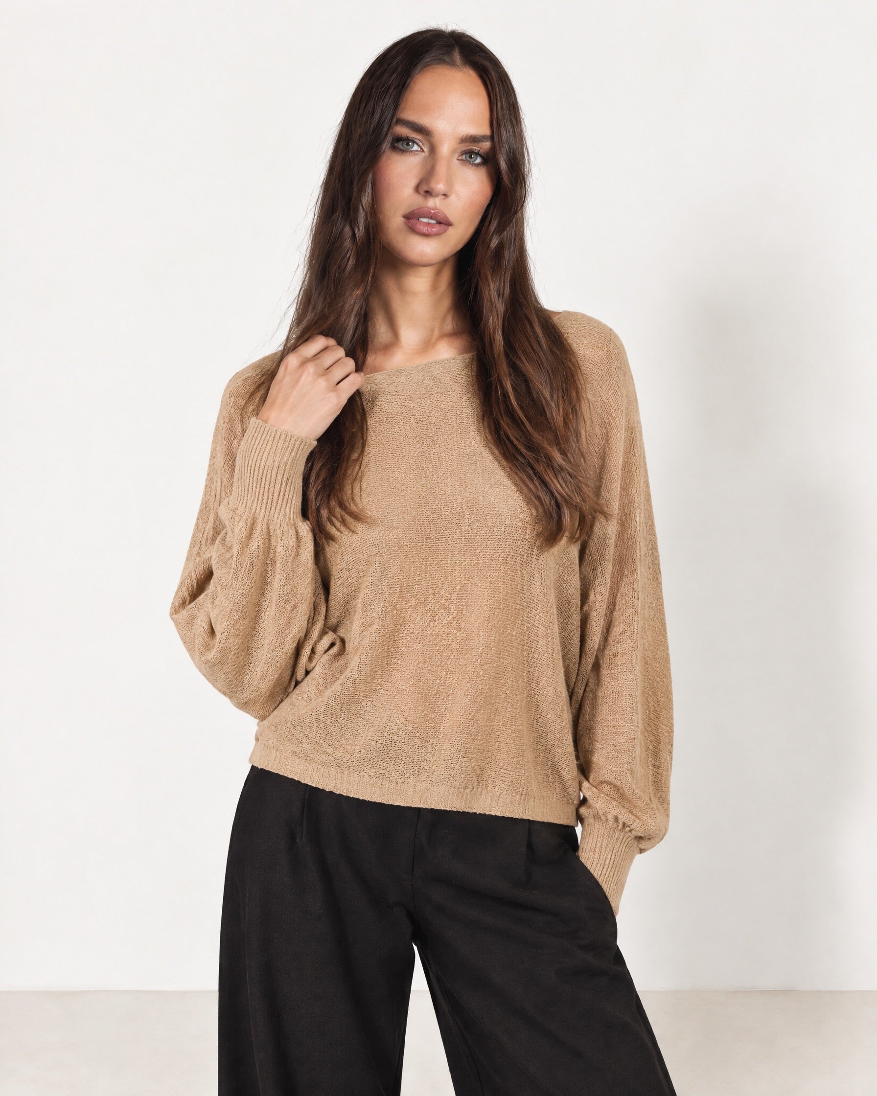 Mocha Batwing Jumper Lightweight Knit Boat Neck