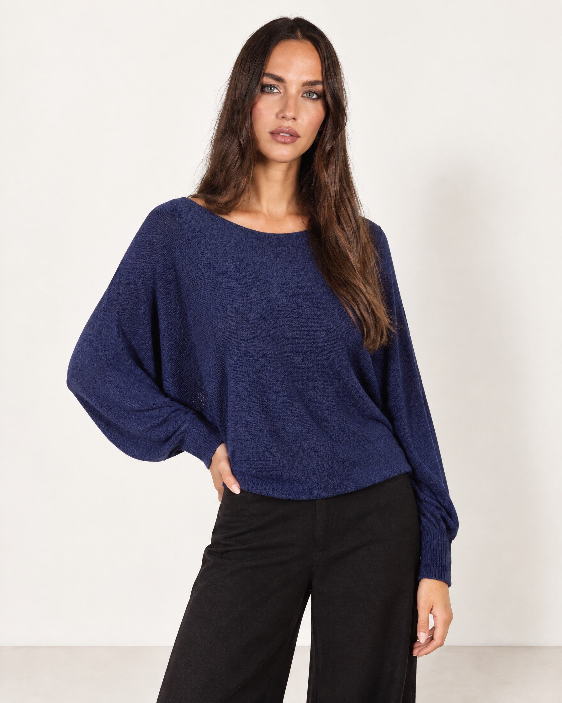 Navy Batwing Jumper Lightweight Knit Boat Neck
