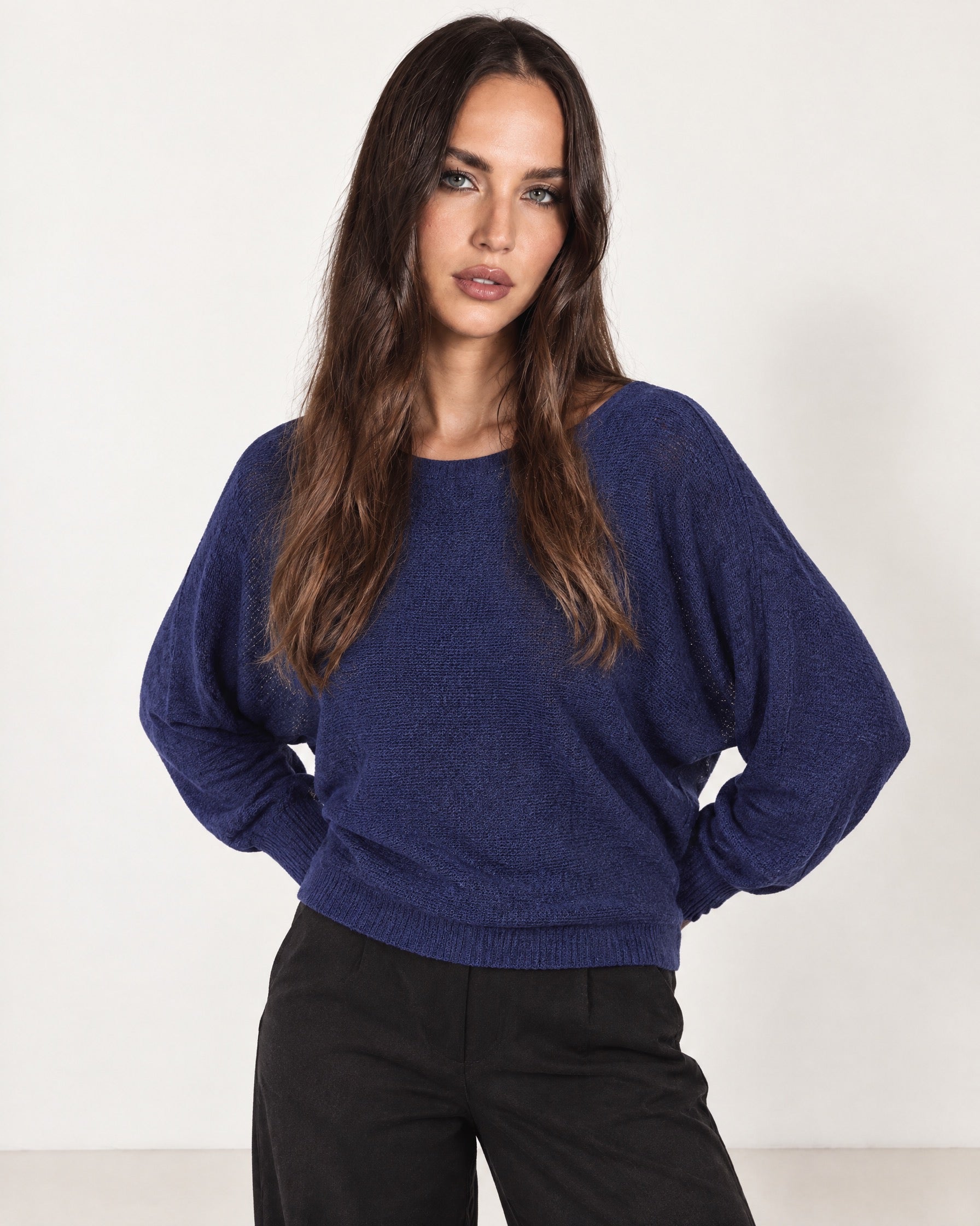 Navy Batwing Jumper Lightweight Knit Boat Neck