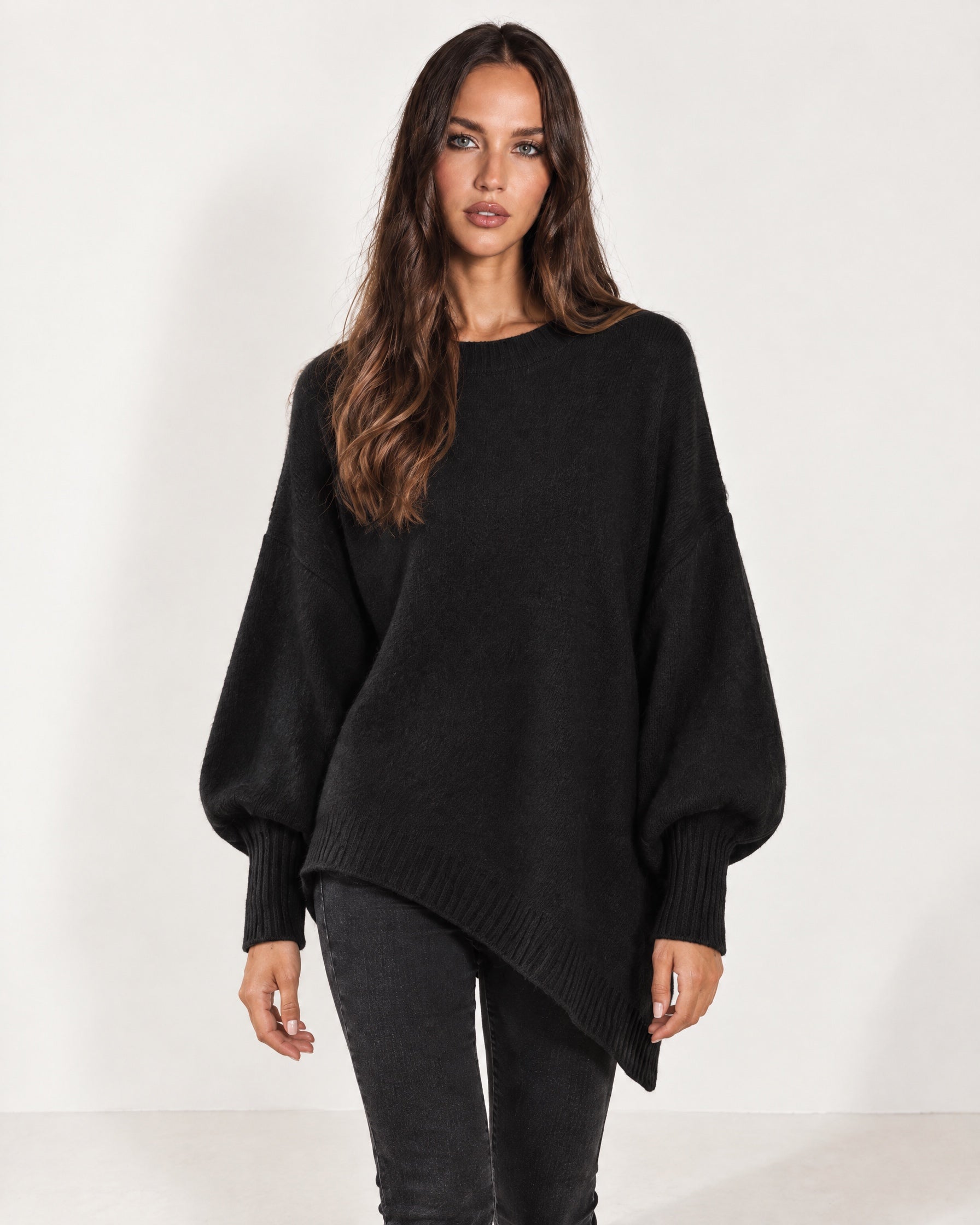 Black Poncho Jumper Batwing Sleeve Asymmetric Hem