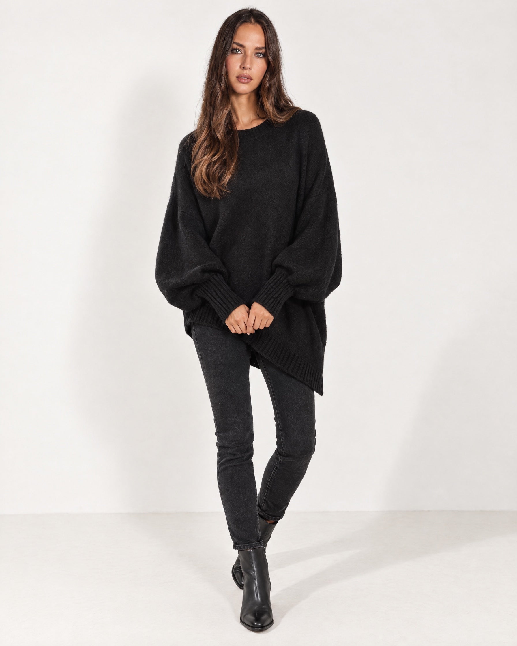 Black Poncho Jumper Batwing Sleeve Asymmetric Hem