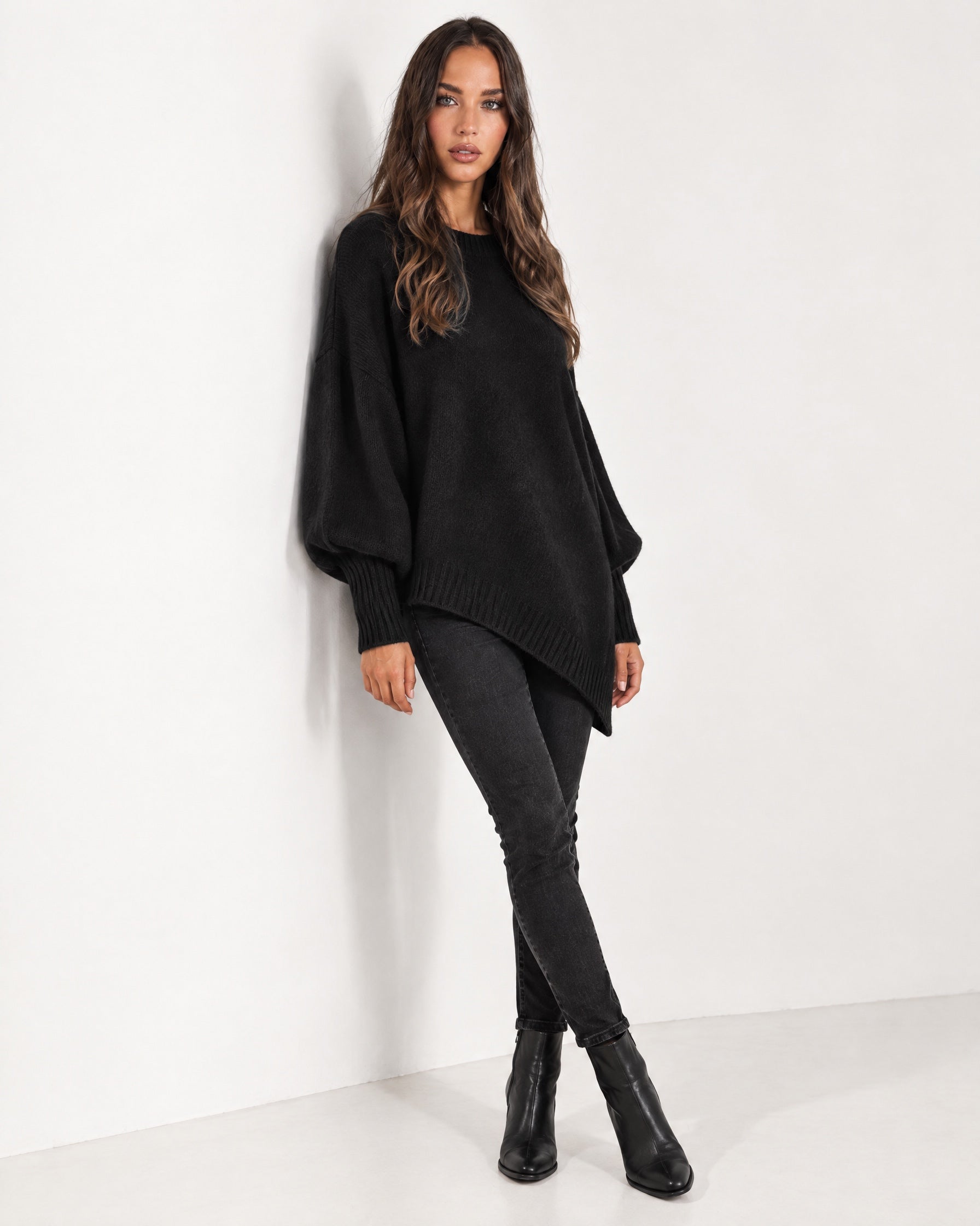Black Poncho Jumper Batwing Sleeve Asymmetric Hem