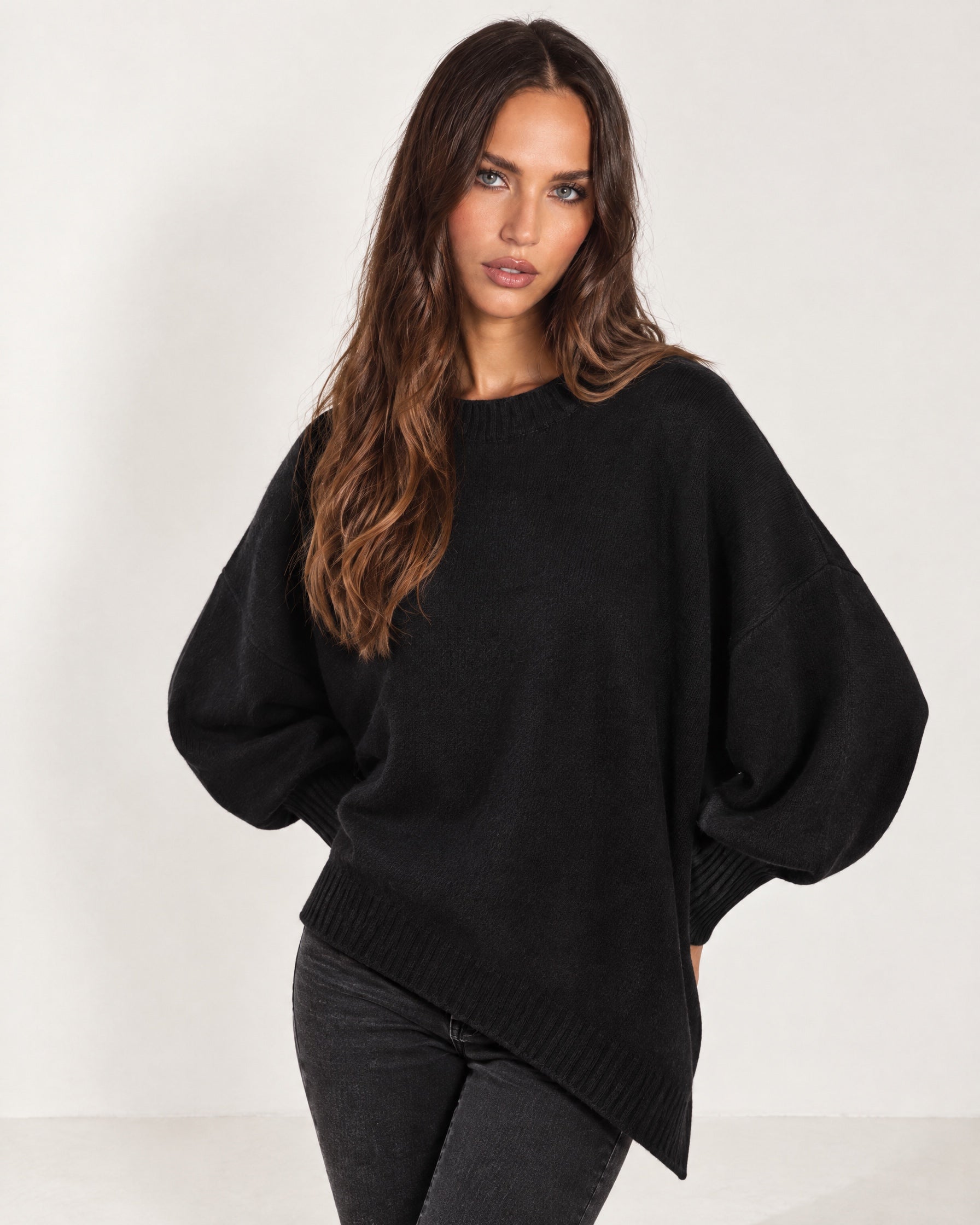 Black Poncho Jumper Batwing Sleeve Asymmetric Hem