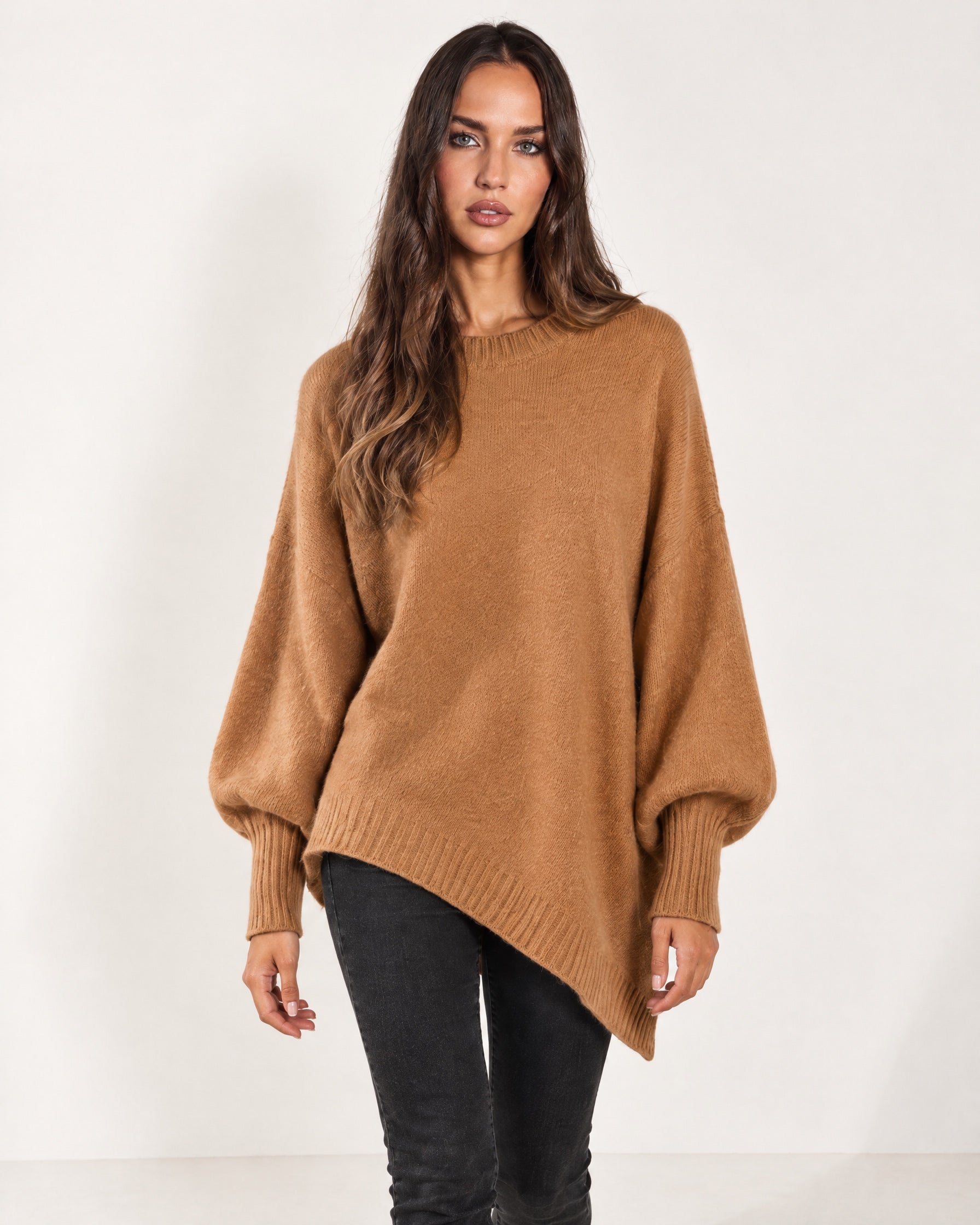 Camel Poncho Jumper Batwing Sleeve Asymmetric Hem