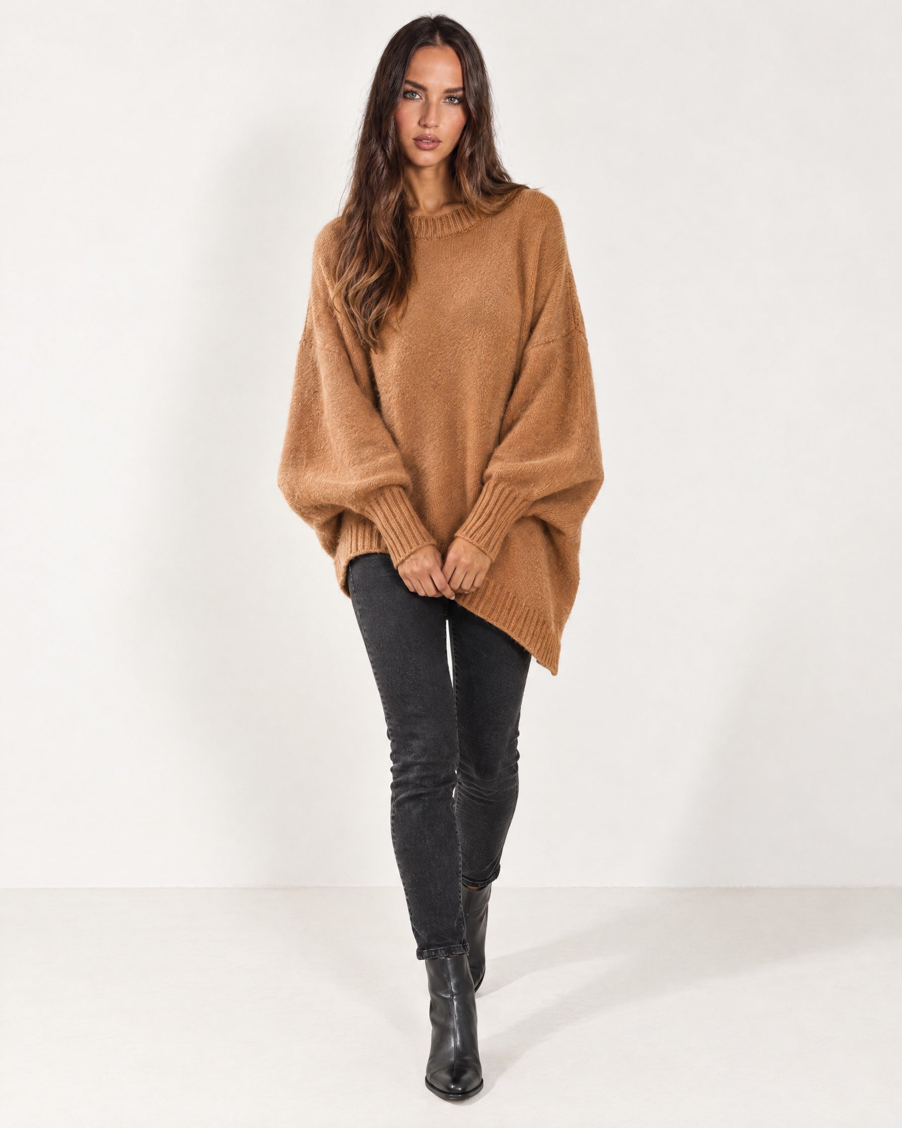 Camel Poncho Jumper Batwing Sleeve Asymmetric Hem