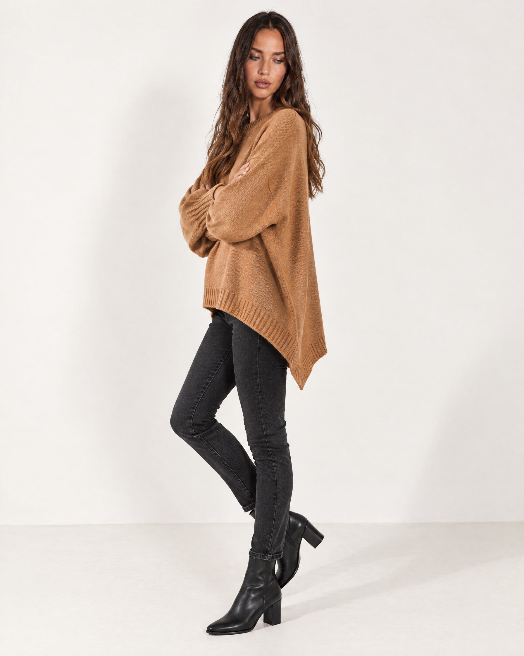 Camel Poncho Jumper Batwing Sleeve Asymmetric Hem