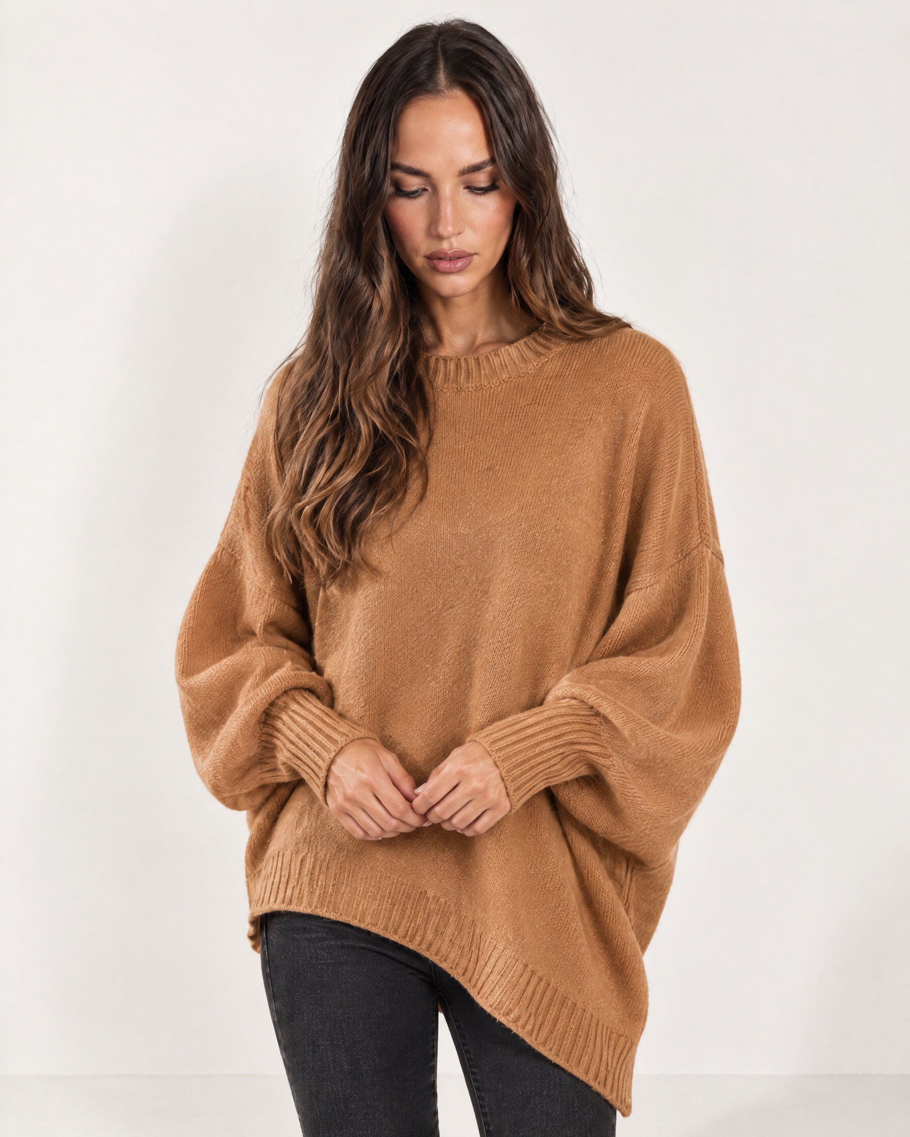Camel Poncho Jumper Batwing Sleeve Asymmetric Hem