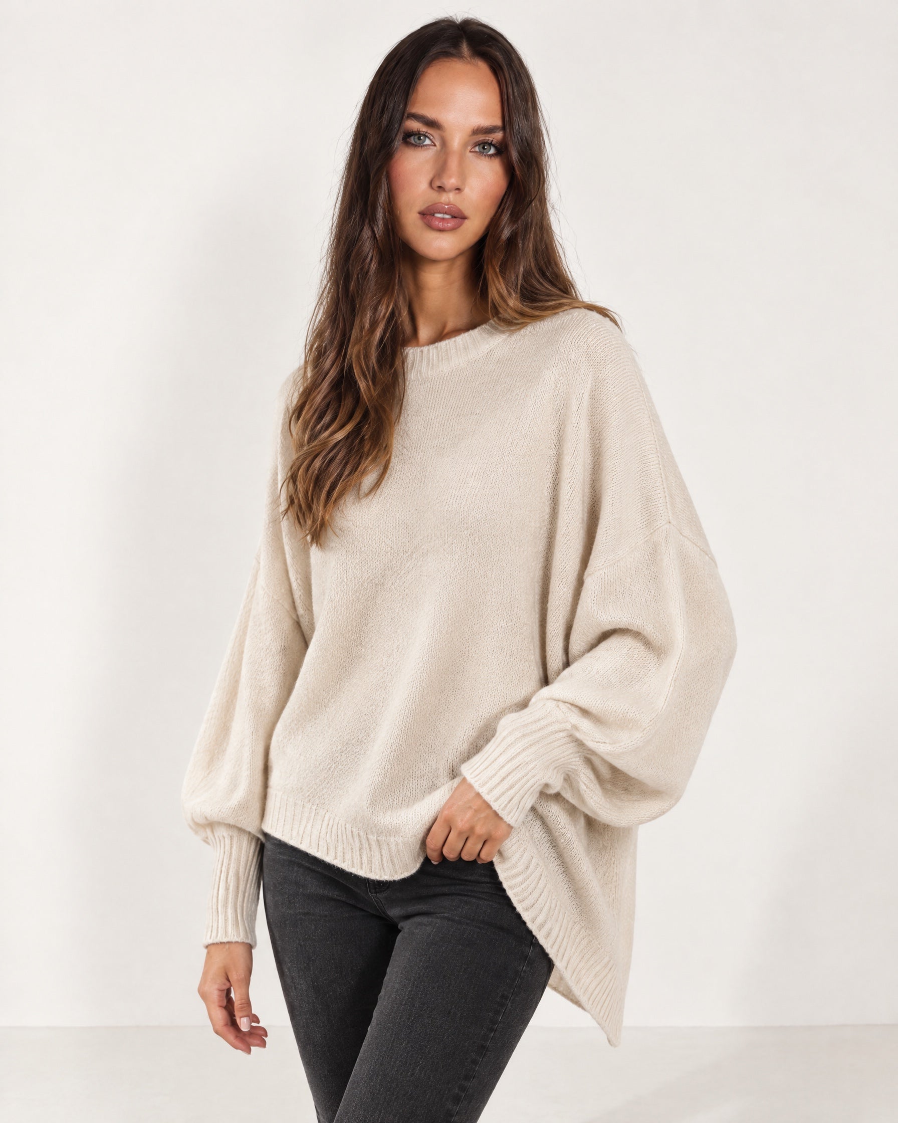 Cream Poncho Jumper Batwing Sleeve Asymmetric Hem