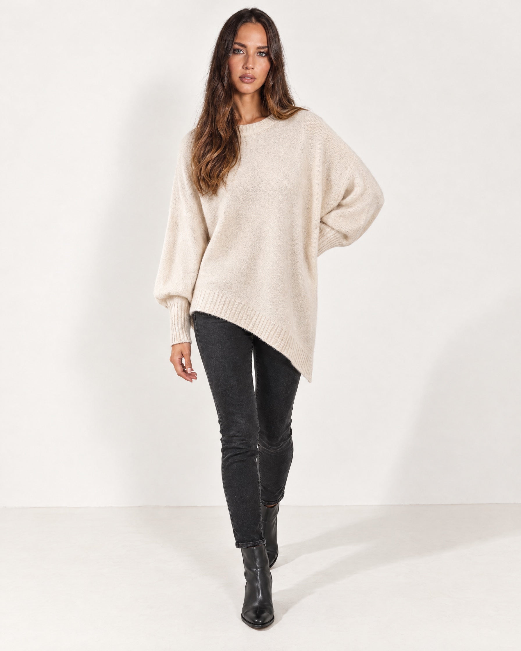 Cream Poncho Jumper Batwing Sleeve Asymmetric Hem
