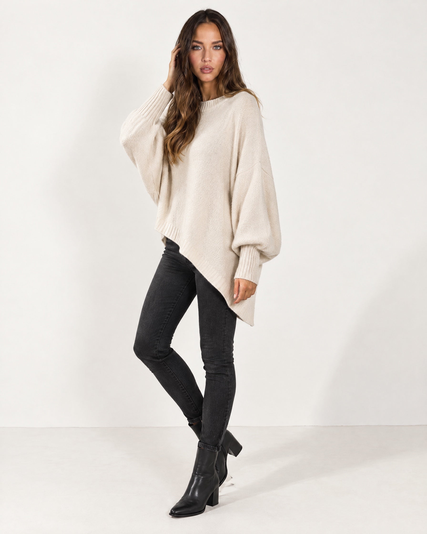 Cream Poncho Jumper Batwing Sleeve Asymmetric Hem