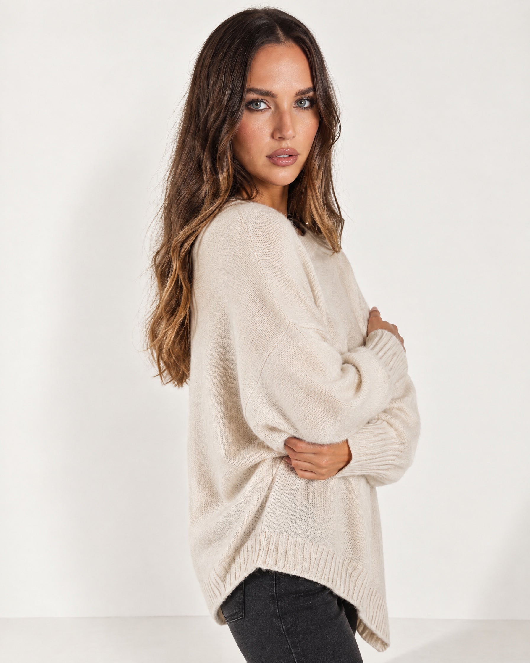 Cream Poncho Jumper Batwing Sleeve Asymmetric Hem