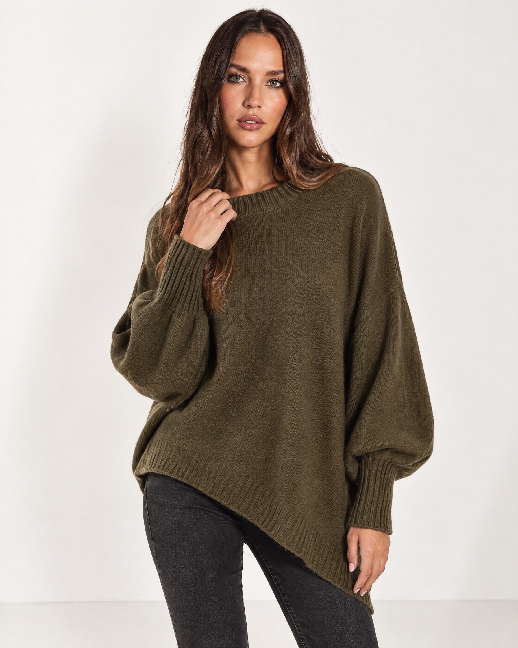 Dark Green Poncho Jumper Batwing Sleeve Asymmetric Hem