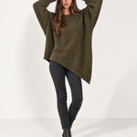 Dark Green Poncho Jumper Batwing Sleeve Asymmetric Hem