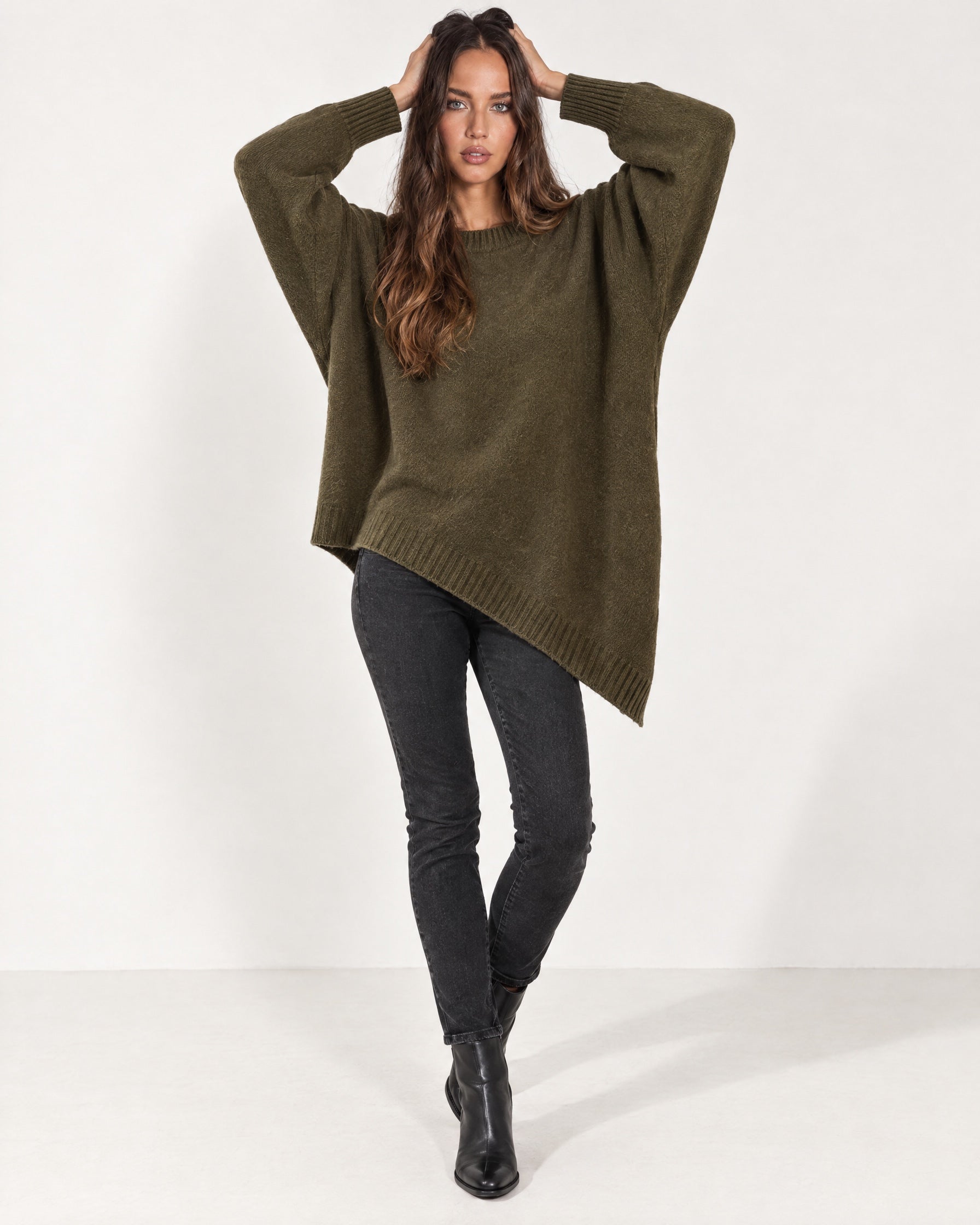 Dark Green Poncho Jumper Batwing Sleeve Asymmetric Hem
