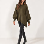 Dark Green Poncho Jumper Batwing Sleeve Asymmetric Hem