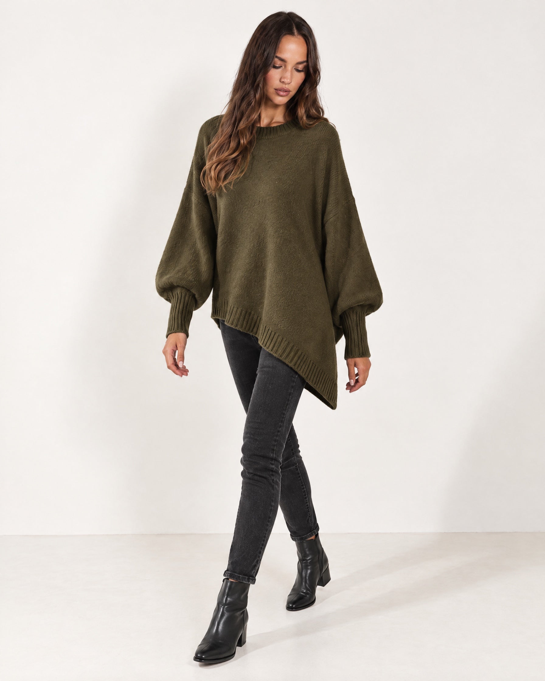 Dark Green Poncho Jumper Batwing Sleeve Asymmetric Hem