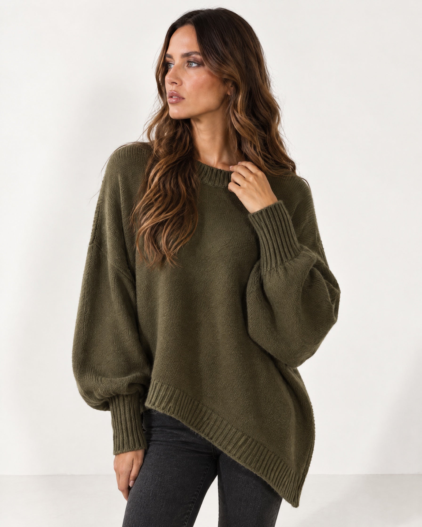 Dark Green Poncho Jumper Batwing Sleeve Asymmetric Hem