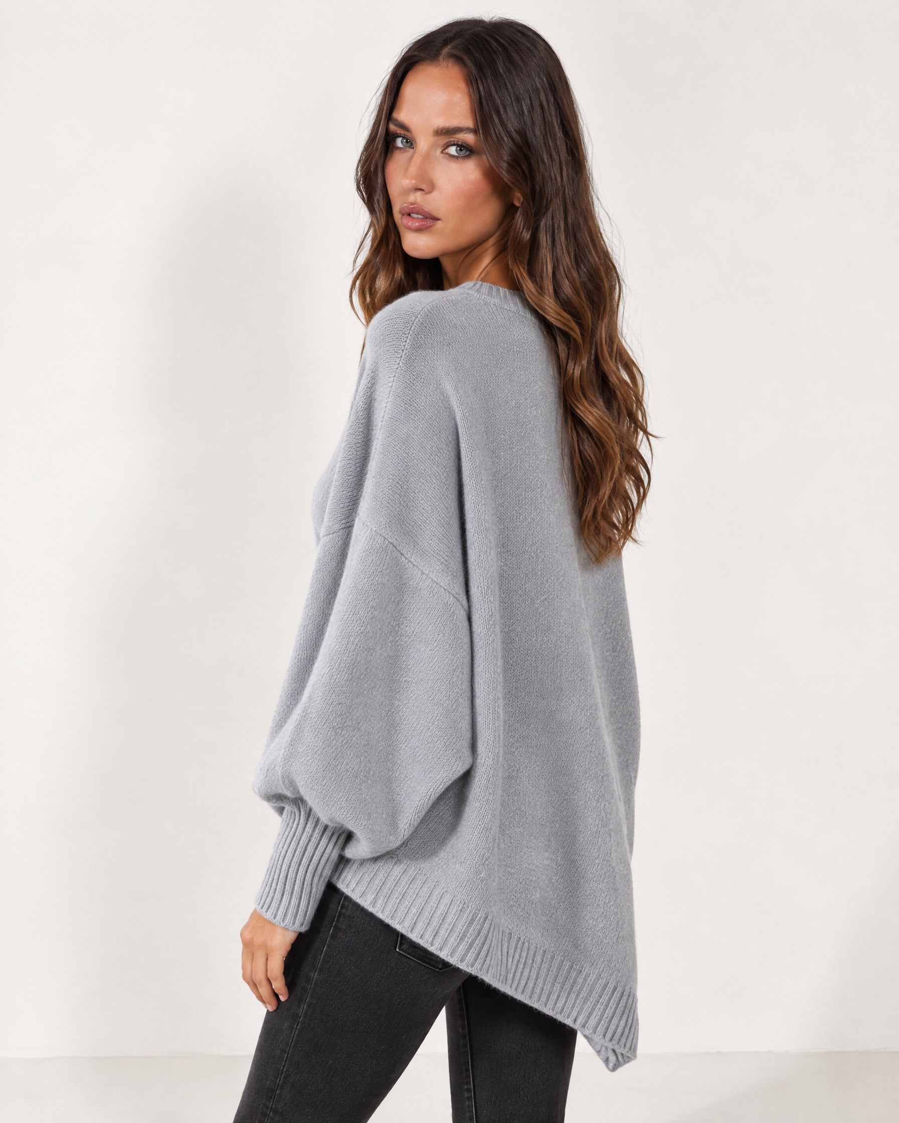 Light Grey Poncho Jumper Batwing Sleeve Asymmetric Hem