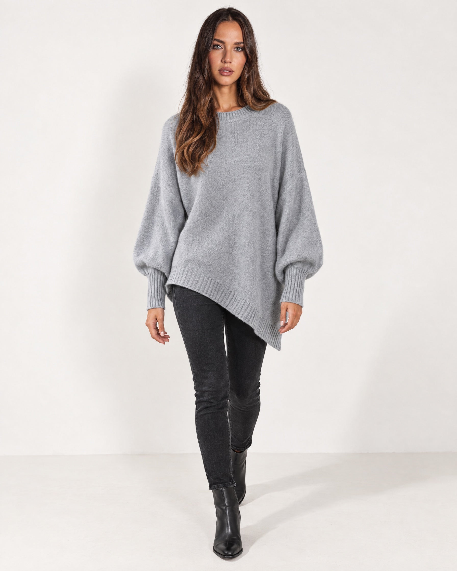 Light Grey Poncho Jumper Batwing Sleeve Asymmetric Hem