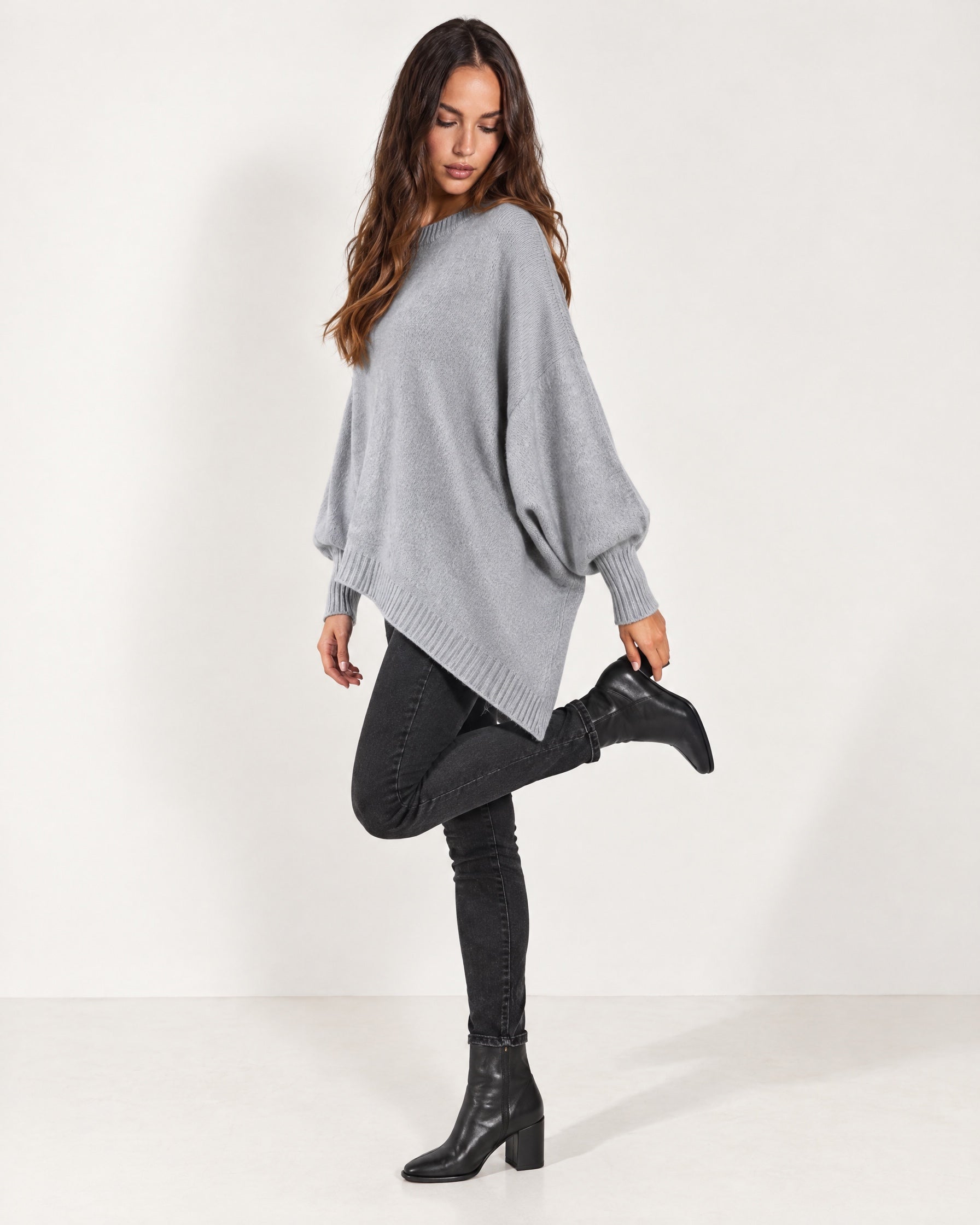 Light Grey Poncho Jumper Batwing Sleeve Asymmetric Hem