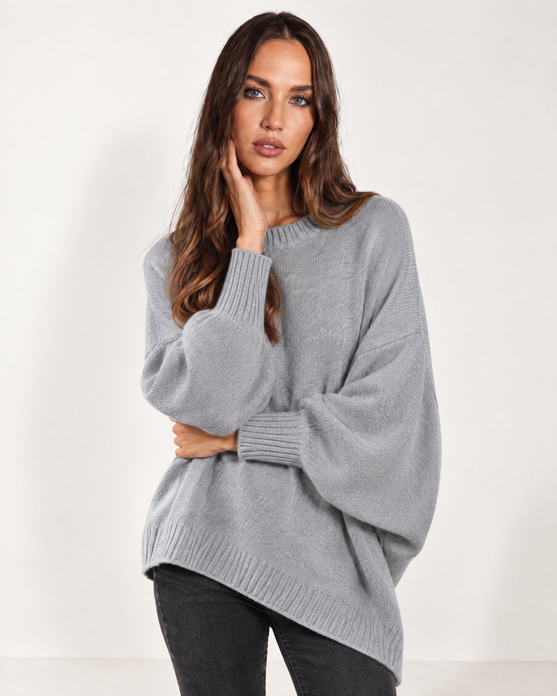 Light Grey Poncho Jumper Batwing Sleeve Asymmetric Hem