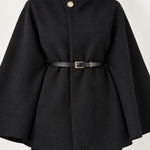 Black Cape Coat Belted Short Cape Jacket with High Funnel Collar and Button