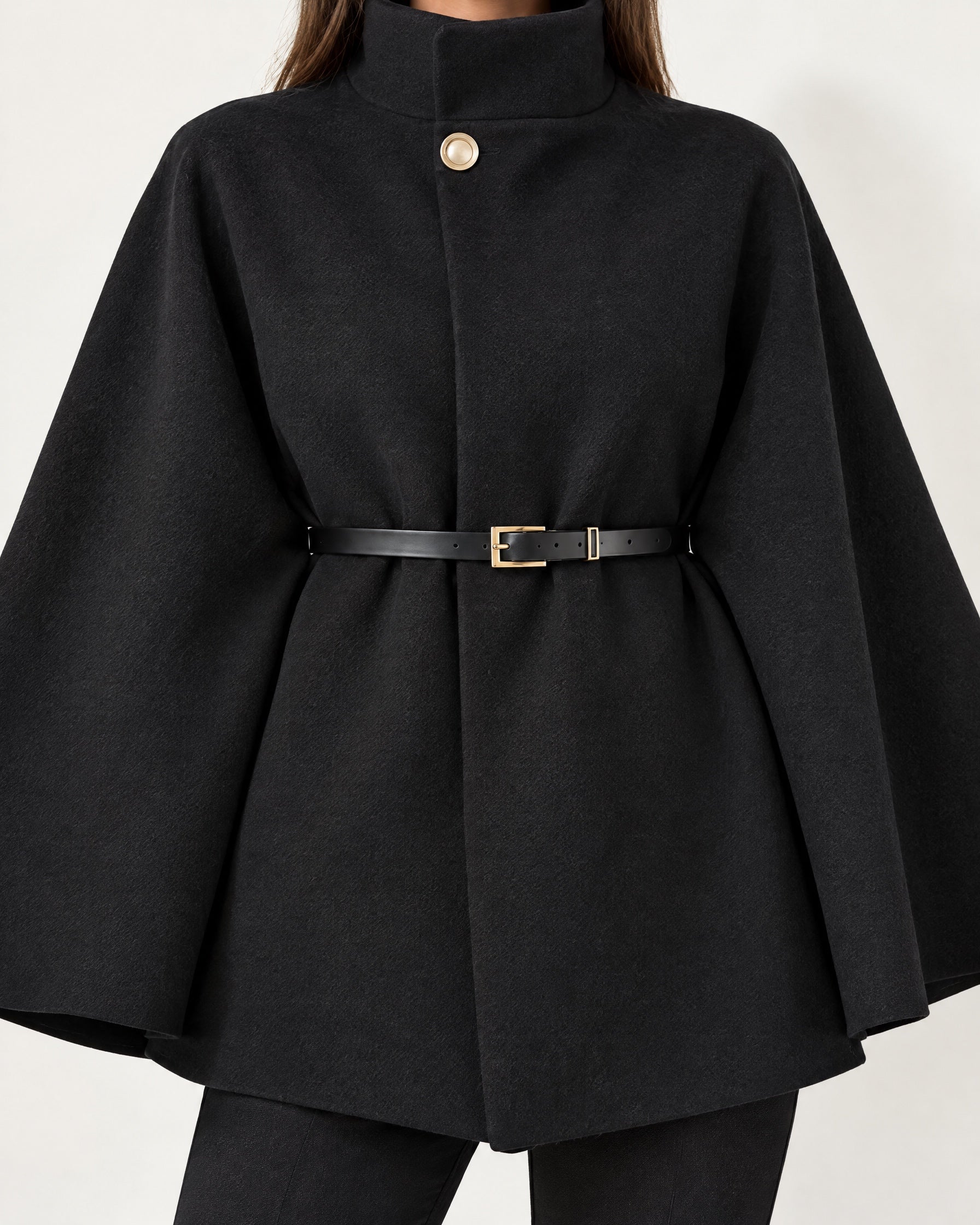 Black Cape Coat Belted Short Cape Jacket with High Funnel Collar and Button