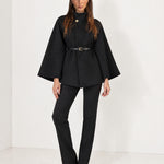 Black Cape Coat Belted Short Cape Jacket with High Funnel Collar and Button