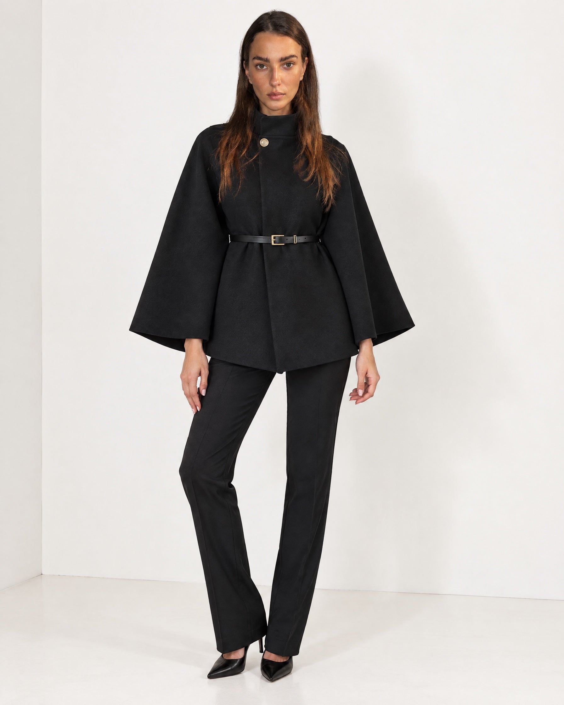 Black Cape Coat Belted Short Cape Jacket with High Funnel Collar and Button