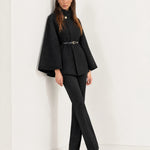 Black Cape Coat Belted Short Cape Jacket with High Funnel Collar and Button