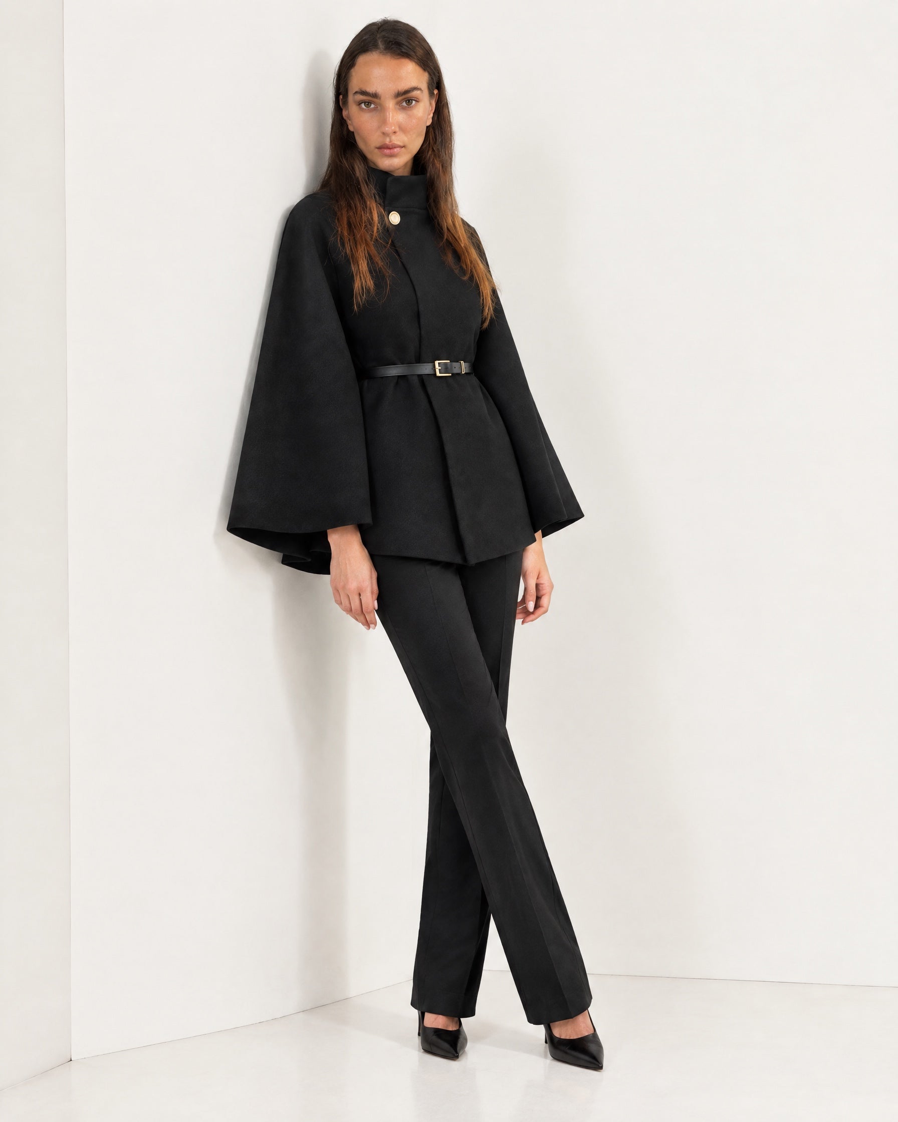 Black Cape Coat Belted Short Cape Jacket with High Funnel Collar and Button