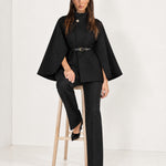 Black Cape Coat Belted Short Cape Jacket with High Funnel Collar and Button