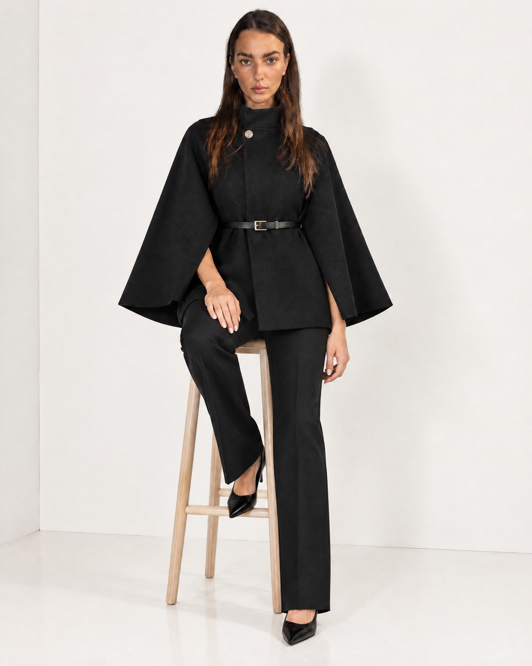 Black Cape Coat Belted Short Cape Jacket with High Funnel Collar and Button