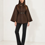 Brown Cape Coat Belted Short Cape Jacket with High Funnel Collar and Button