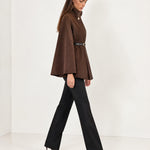 Brown Cape Coat Belted Short Cape Jacket with High Funnel Collar and Button